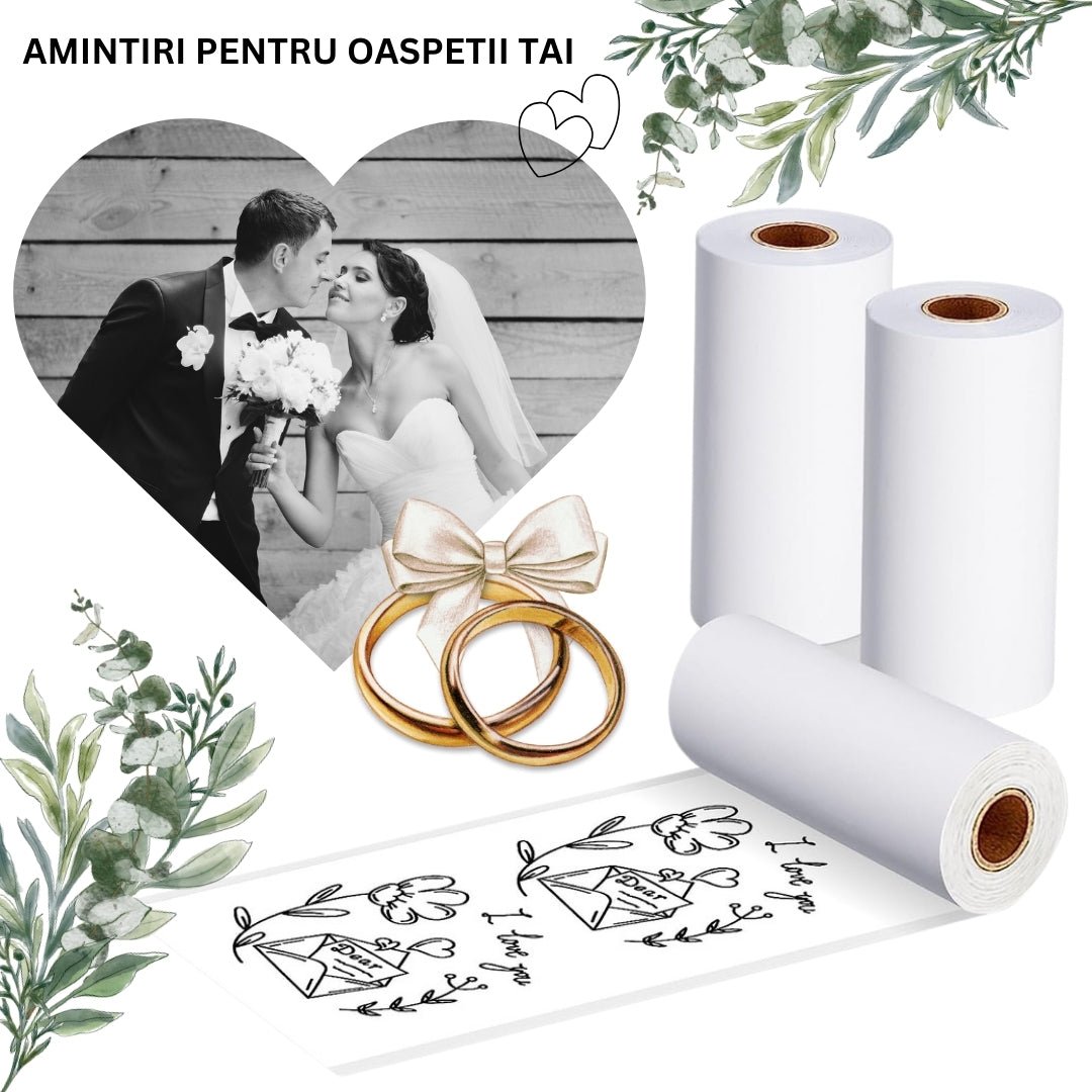 Mini imprimanta portabila MX1, ALB cu 5 role albe +3 colorate autoadezive + 5 role albe + 3 colorate simple + 6 carioci, stickere si saculet incluse - ealmeu.ro