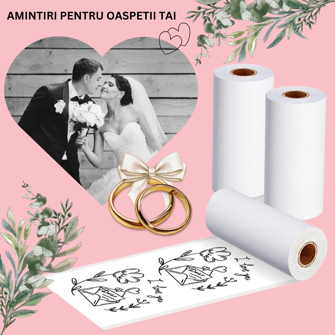 Mini imprimanta portabila MX1, ROZ cu 5 role albe +3 colorate autoadezive + 5 role albe + 3 colorate simple + 6 carioci, stickere si saculet incluse - ealmeu.ro