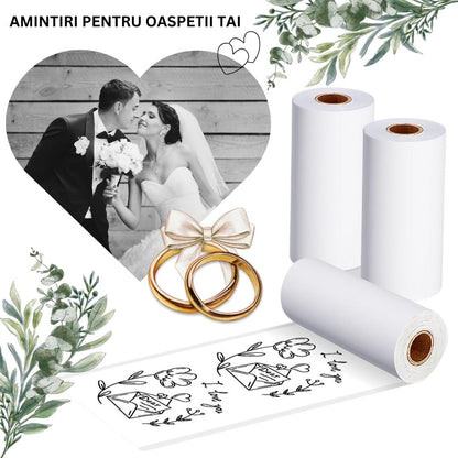 Mini imprimanta portabila MX1, ALB cu 5 role albe +3 colorate autoadezive + 5 role albe + 3 colorate simple + 6 carioci, stickere si saculet incluse - ealmeu.ro