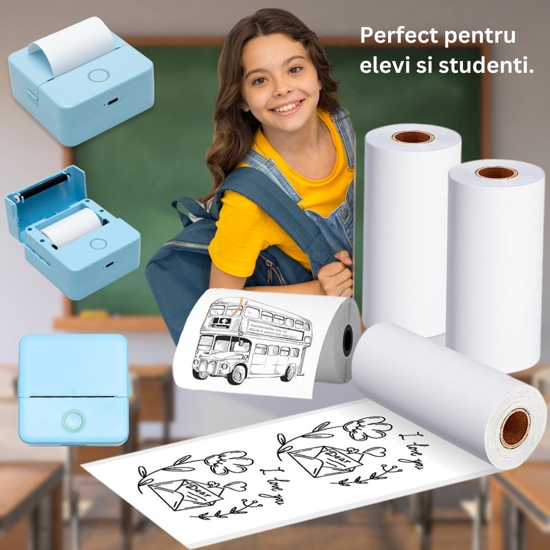 Mini imprimanta portabila MX1, BLUE cu 5 role albe +3 colorate autoadezive + 5 role albe + 3 colorate simple + 6 carioci, stickere si saculet incluse - ealmeu.ro