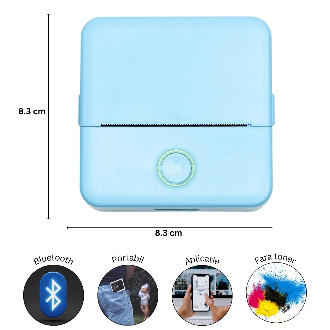Mini imprimanta portabila MX1, BLUE cu 5 role albe +3 colorate autoadezive + 5 role albe + 3 colorate simple + 6 carioci, stickere si saculet incluse - ealmeu.ro
