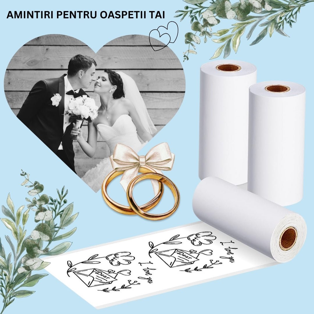 Mini imprimanta portabila MX1, BLUE cu 5 role albe +3 colorate autoadezive + 5 role albe + 3 colorate simple + 6 carioci, stickere si saculet incluse - ealmeu.ro
